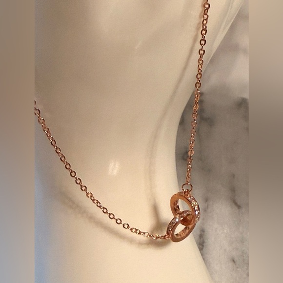 NWOT 925 Sterling Silver Double Circle CZ Necklace 8” Rose Gold Interlocking - Picture 12 of 14